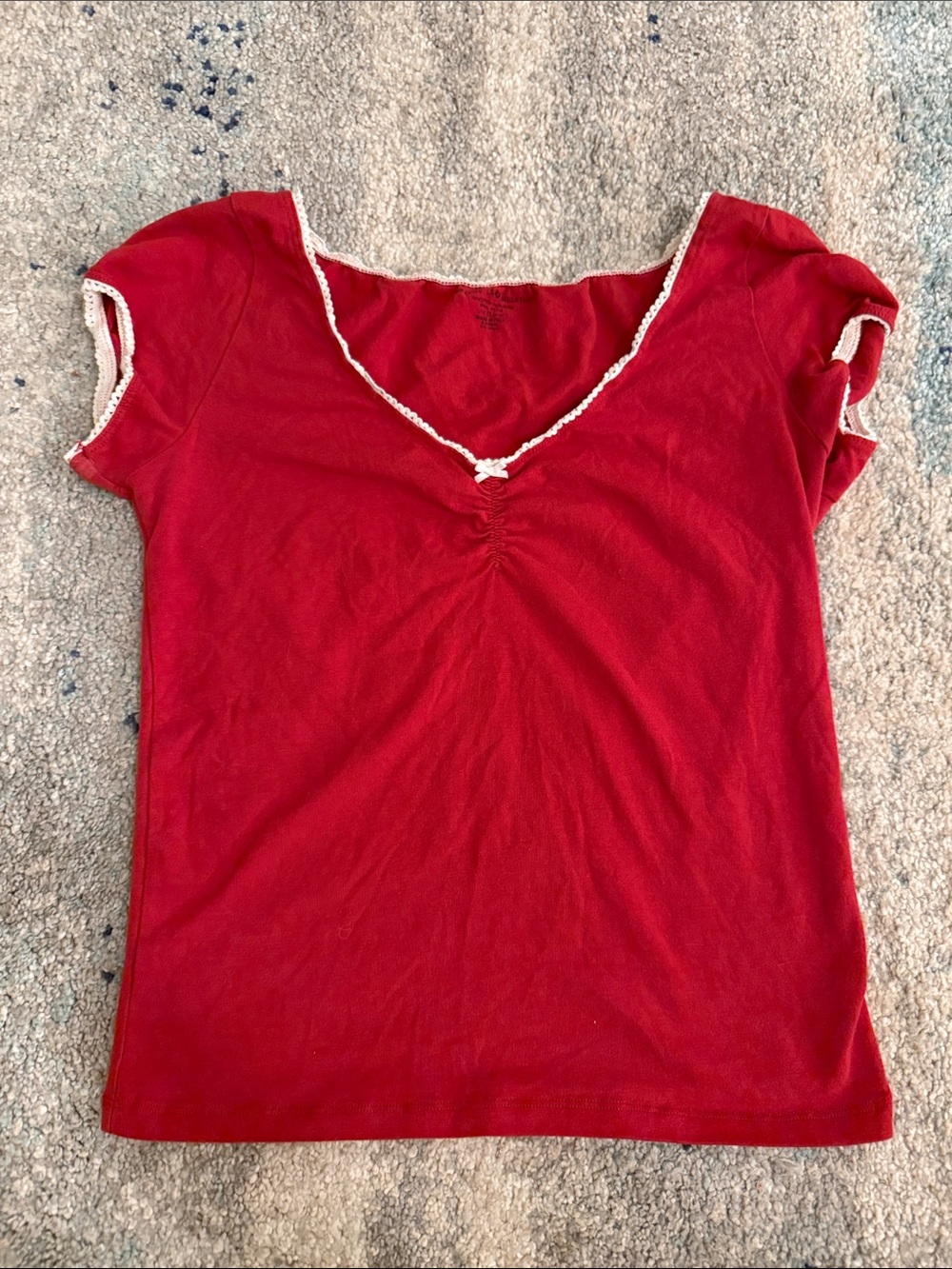 Brandy Melville Women's Red Scoop Neck Short Sleeve Top with Lace Trim